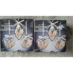 VTG Victorian 6 Pc CHRISTMAS  Tree Ornaments Hand Blown Glass Pink Roses Ribbons